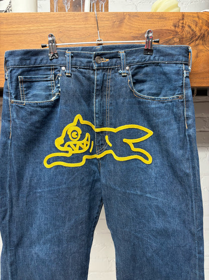 2000s Billionaire Boys Club ‘Running Dog’ Painted Logo Bootcut Blue Jeans