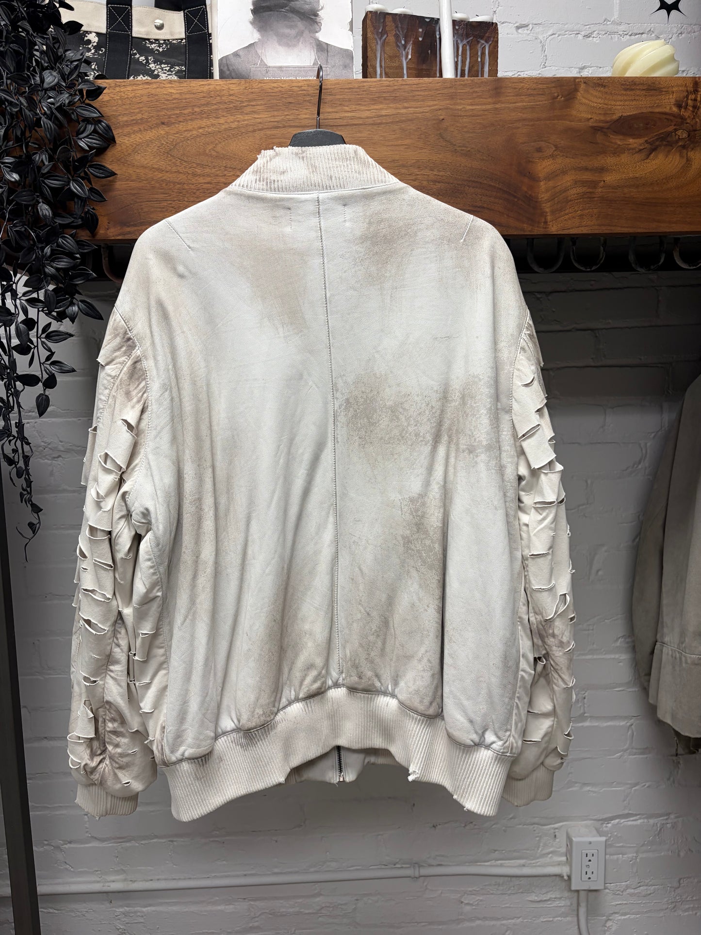 Alexander Digenova Distressed White Leather Bomber Jacket