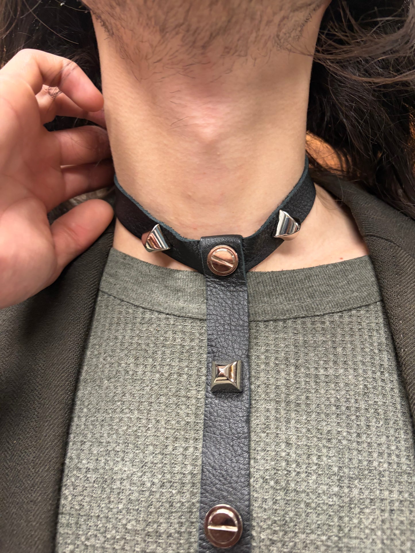 Yohji Yamamoto Raw Black Leather Studded ‘Bolo’ Neck Tie