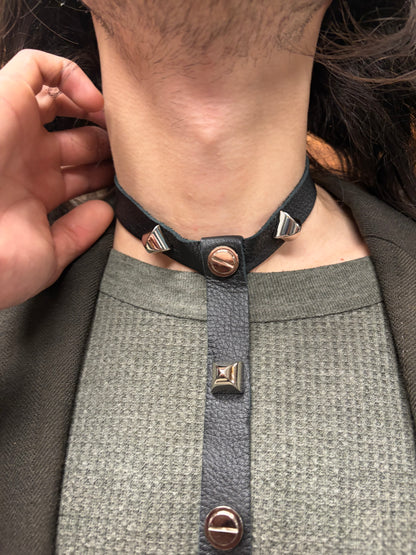 Yohji Yamamoto Raw Black Leather Studded ‘Bolo’ Neck Tie