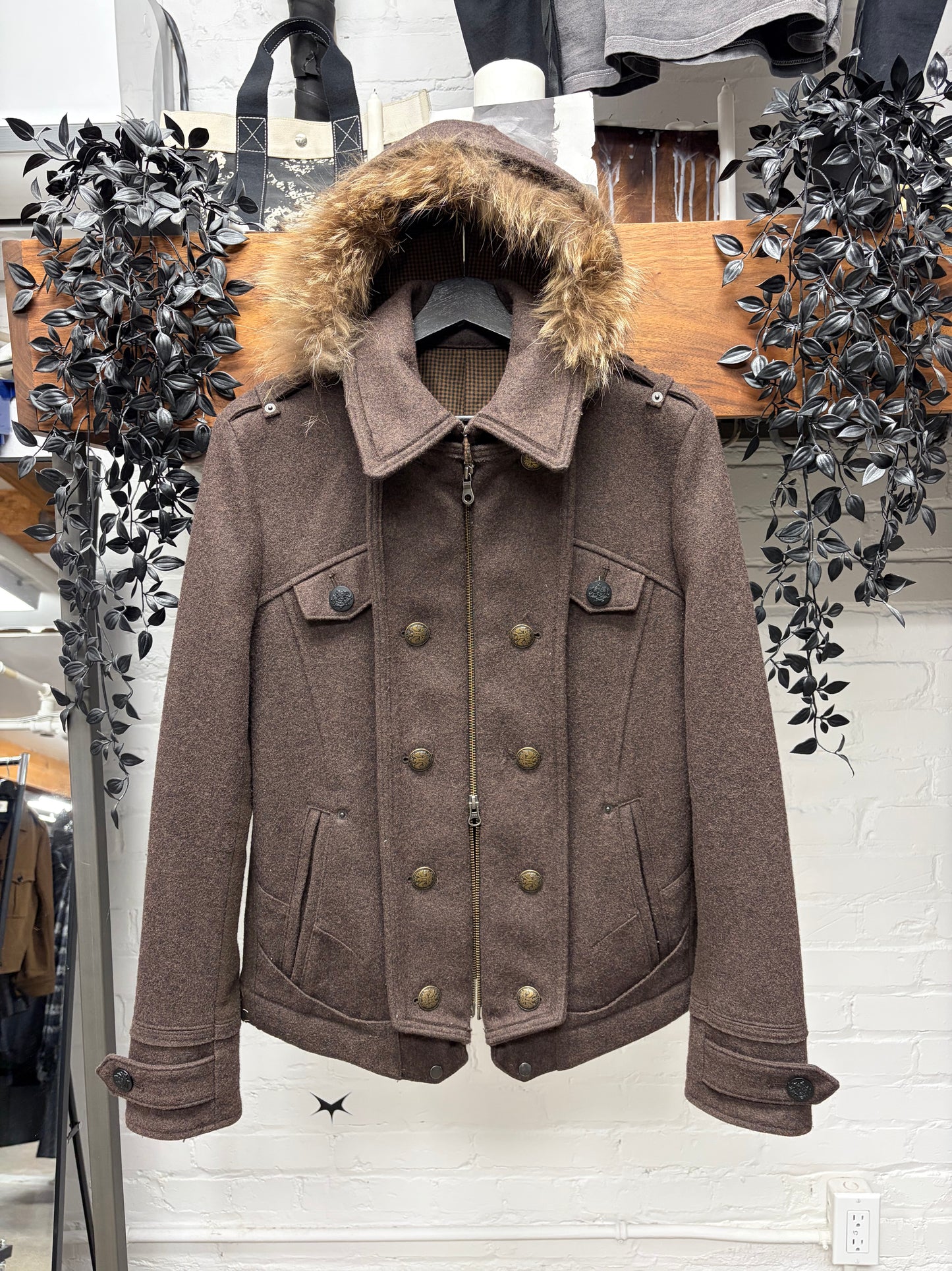PPFM Fur Hooded Brown Napoleon Jacket