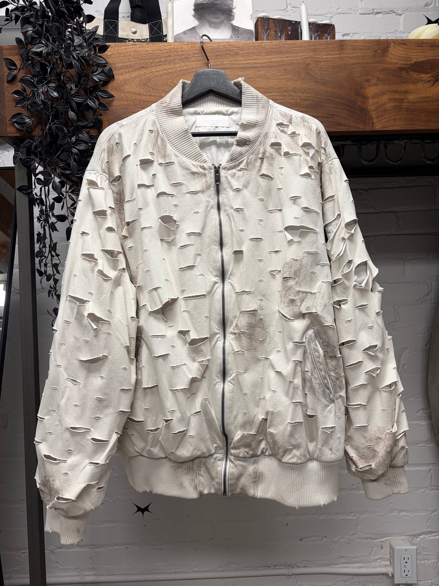 Alexander Digenova Distressed White Leather Bomber Jacket