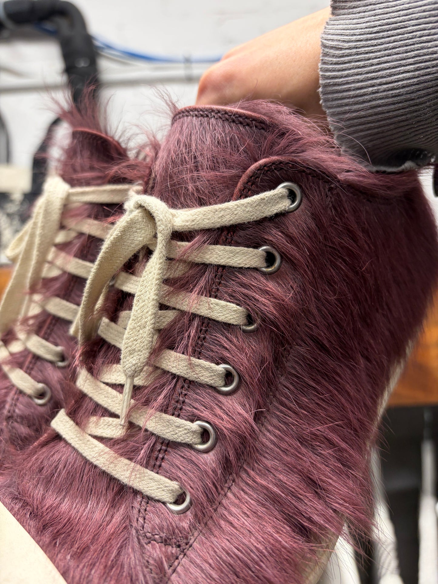 Rick Owens Oxblood Pony Hair ‘Ramones’ Low Top Sneakers
