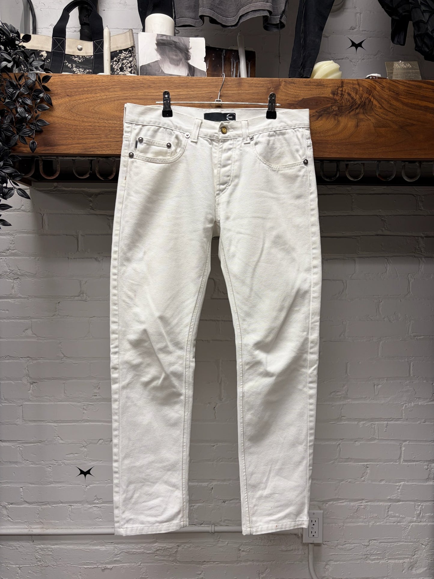 Roberto Cavalli Embroidered Silver ‘Crest Logo’ White Skinny Jeans