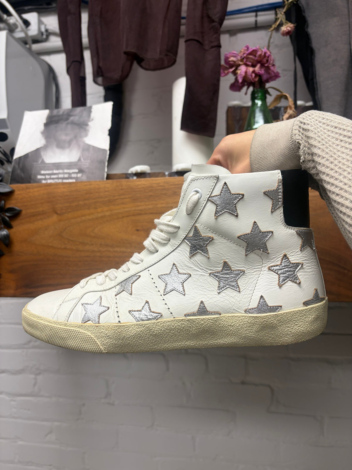 SS2015 Saint Laurent by Hedi Slimane ‘SL/06’ Silver Star White Leather High Top Sneakers