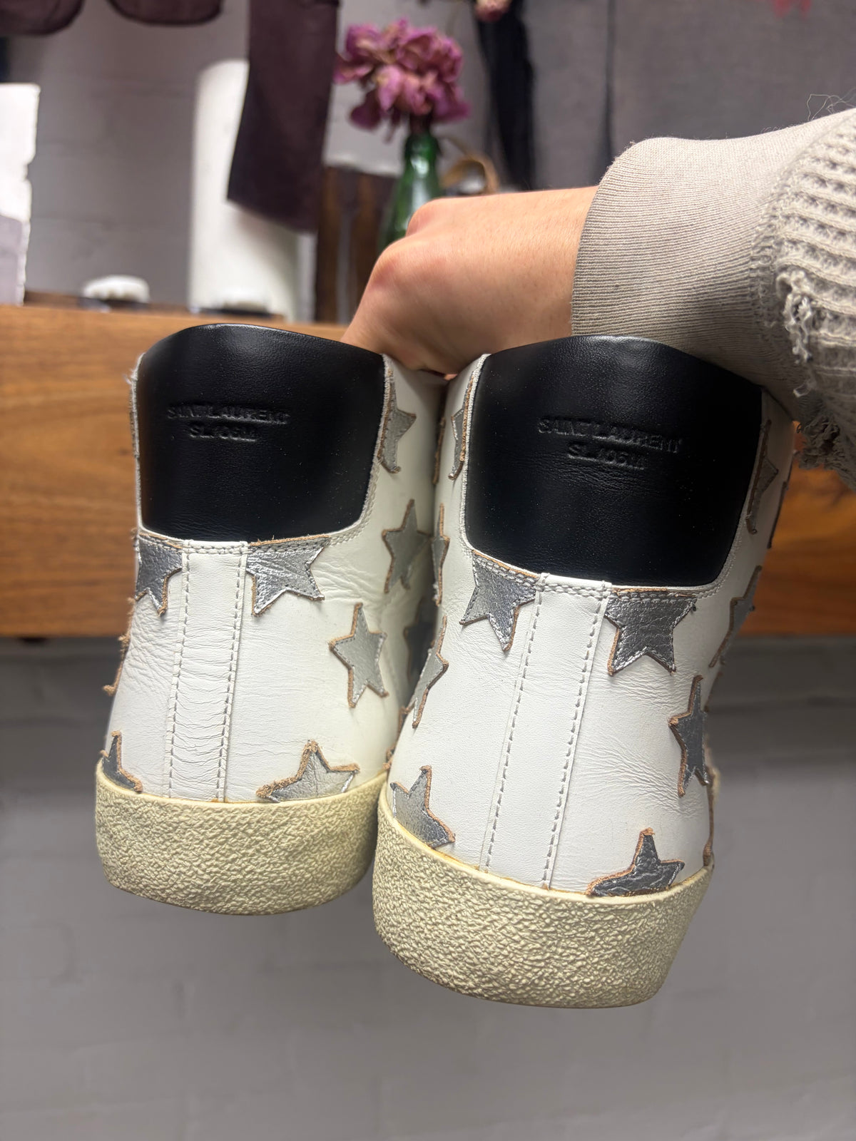 SS2015 Saint Laurent by Hedi Slimane ‘SL/06’ Silver Star White Leather High Top Sneakers