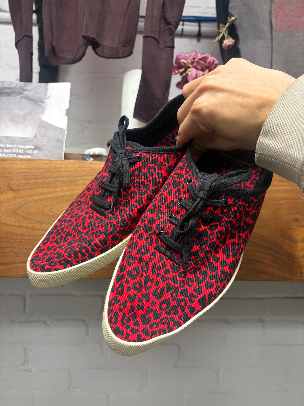 Saint Laurent by Hedi Slimane ‘Babycat’ Red/Black Leopard Patterned Pointed Toe Sneakers