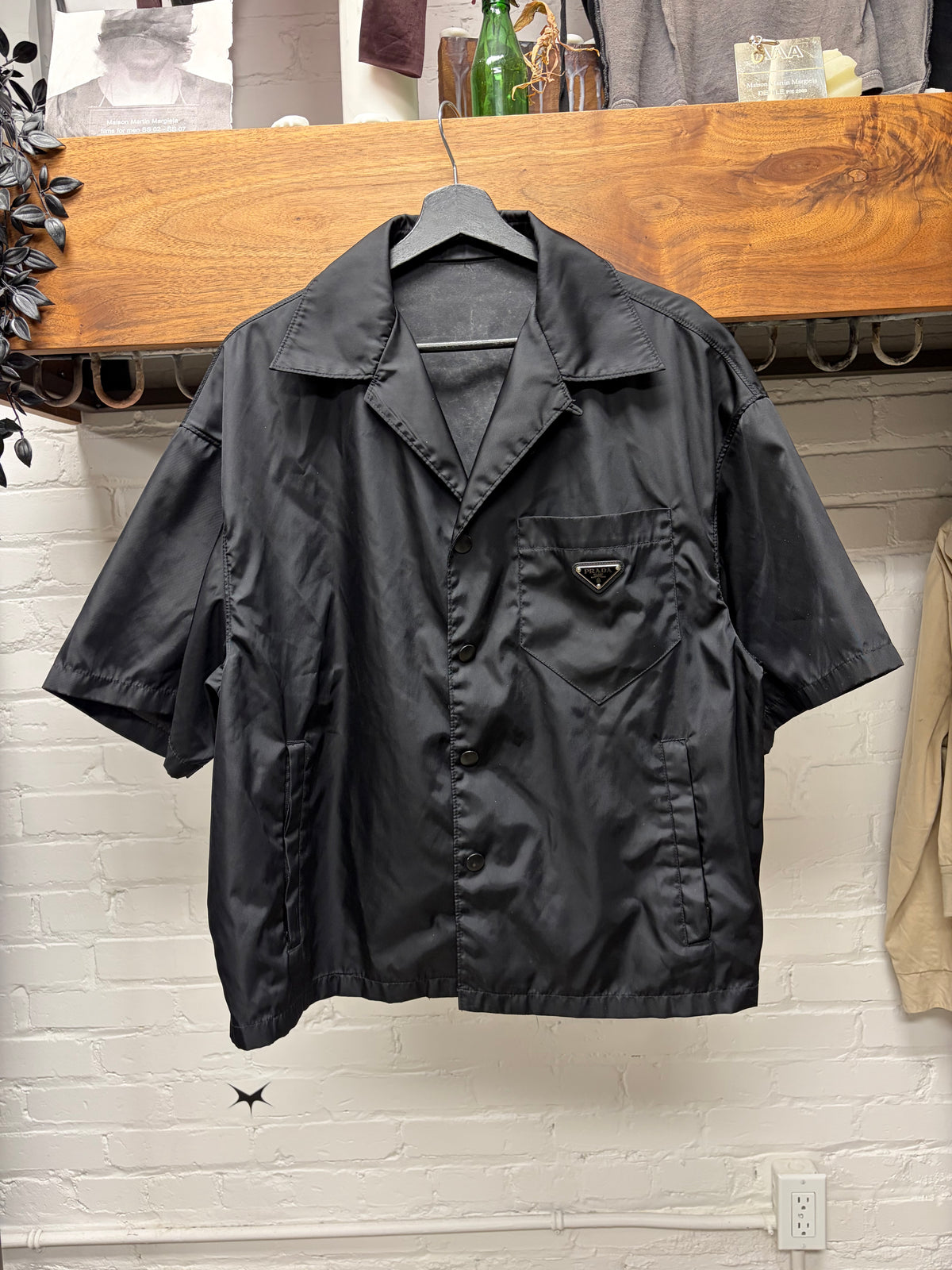 Prada Re-Nylon Black ‘Saffiano Badge Logo’ Re-Nylon Camp Collar Shirt